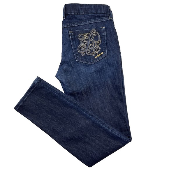 Bebe Premium Denim Skinny Jeans Dark Wash Gold Embroidered Monogram Women Sz 29 - Picture 1 of 12